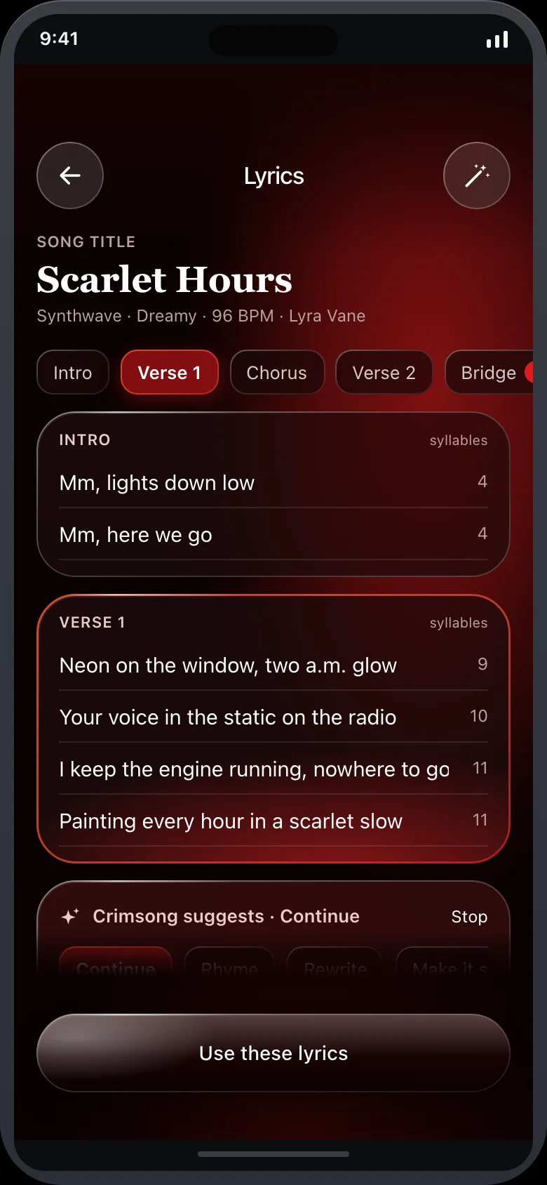 Crimsong (AI Song Generator) — Lyrics Editor