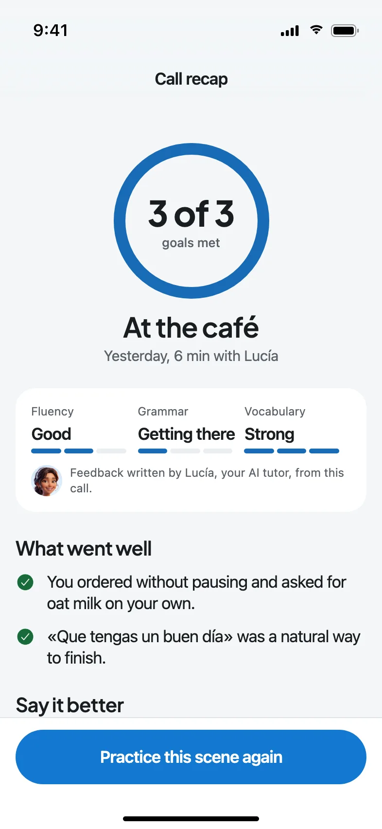 Parley AI Speaking Tutor App — A kind recap after every call