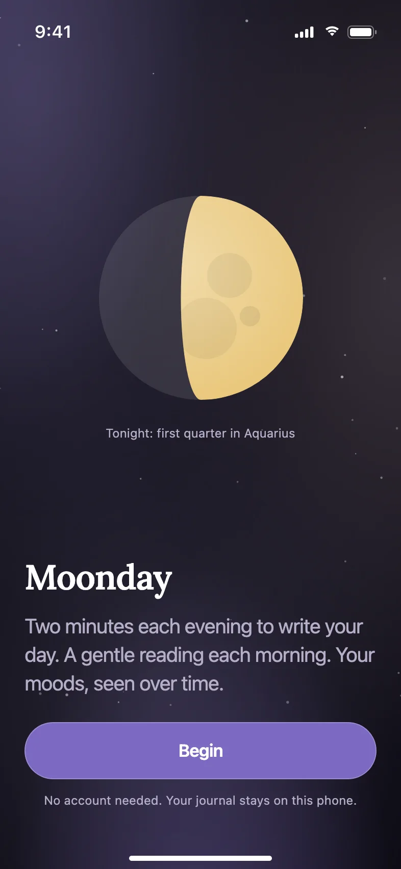 Moonday AI Journal & Daily Reading App — Private by default. No account needed