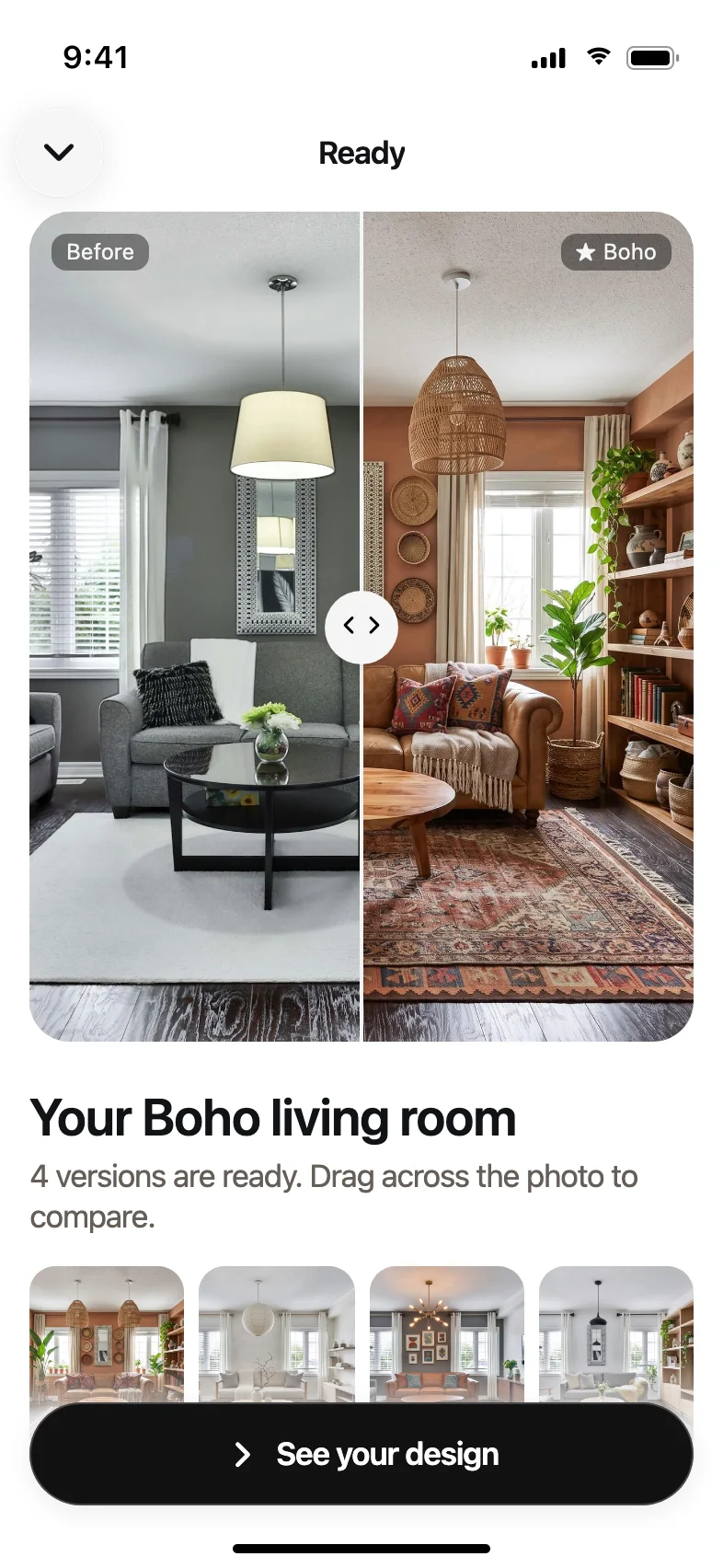 Hearth AI Room Redesign App — Four versions of one room