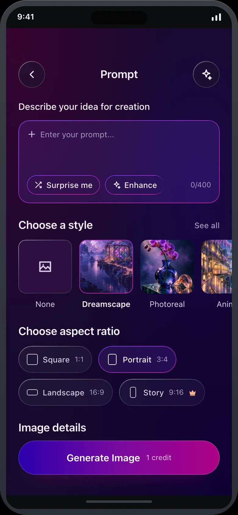 Prismora (AI Art Generator) — Create