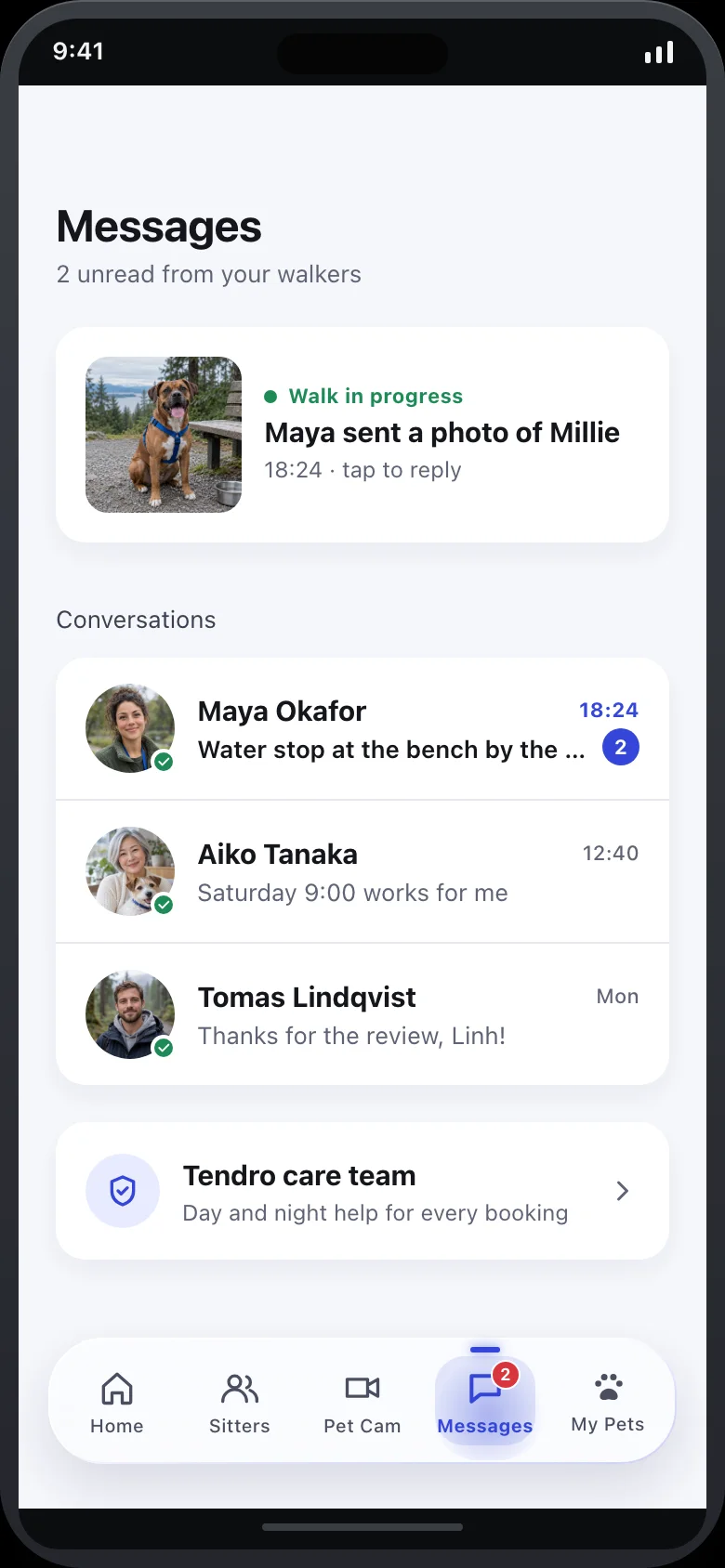 Tendro (AI Pet Sitter & Pet Cam) — Messages