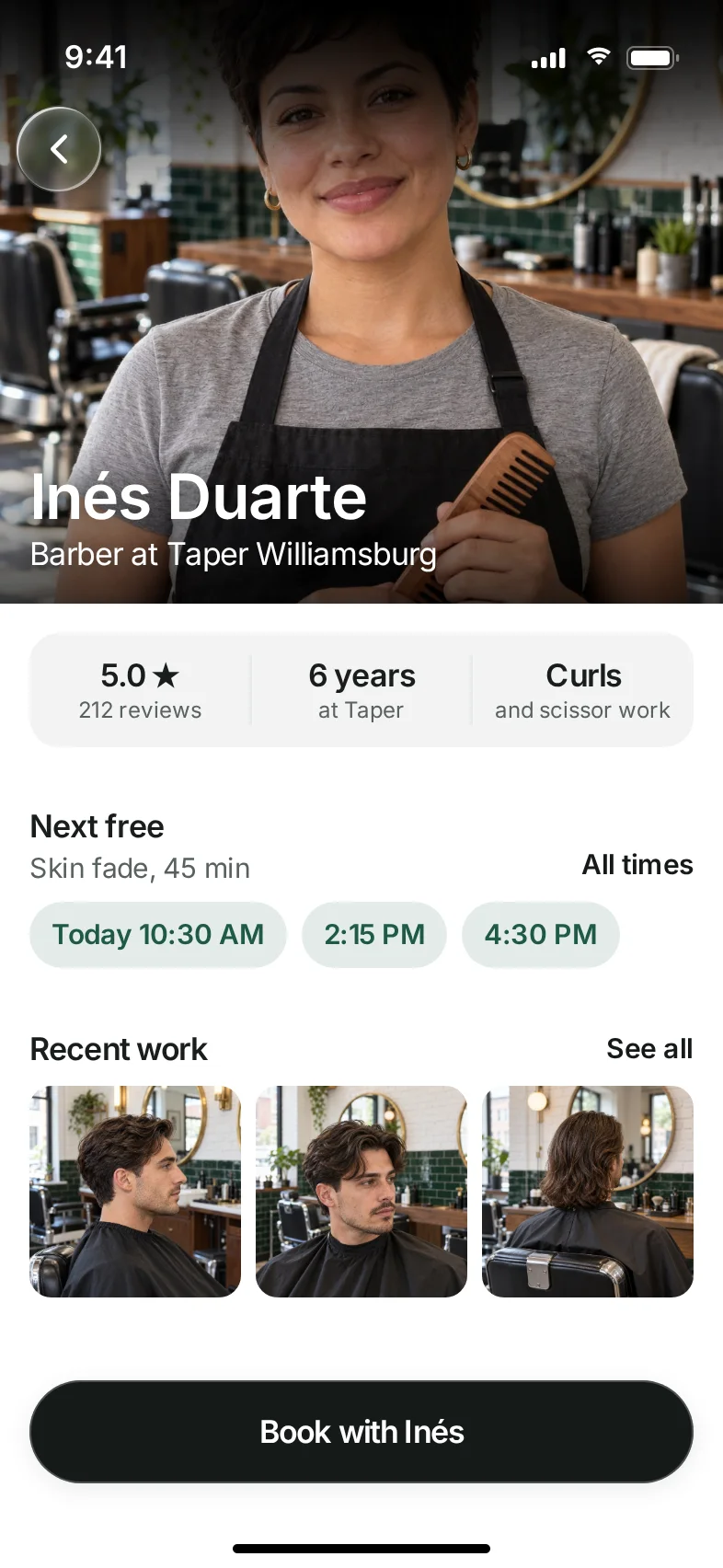 Taper Barbershop Booking App — Each barber's free times and work