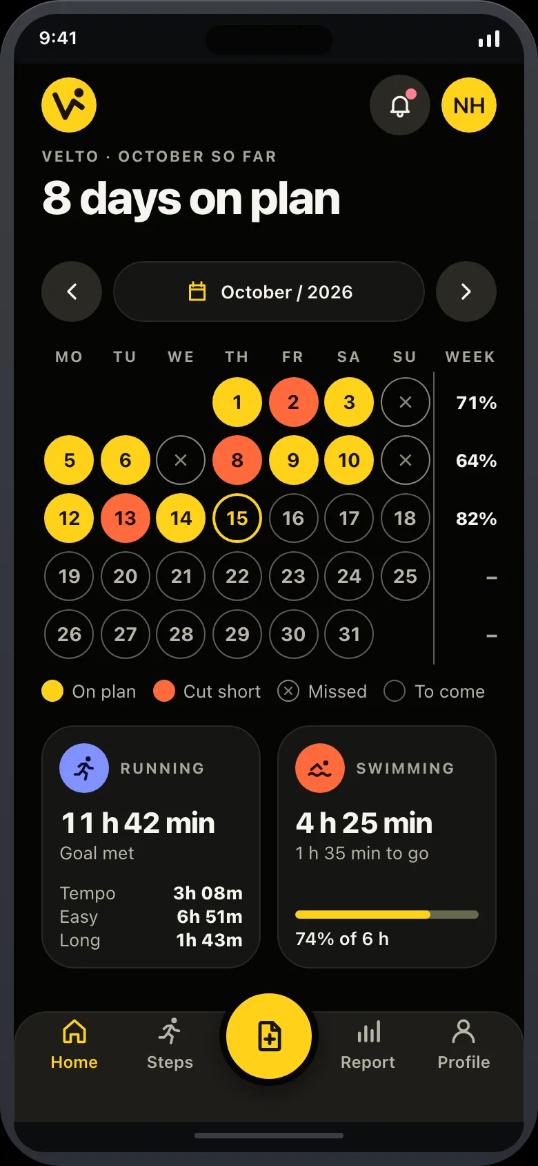 Velto (Run & Swim Activity Tracker) — Calendar