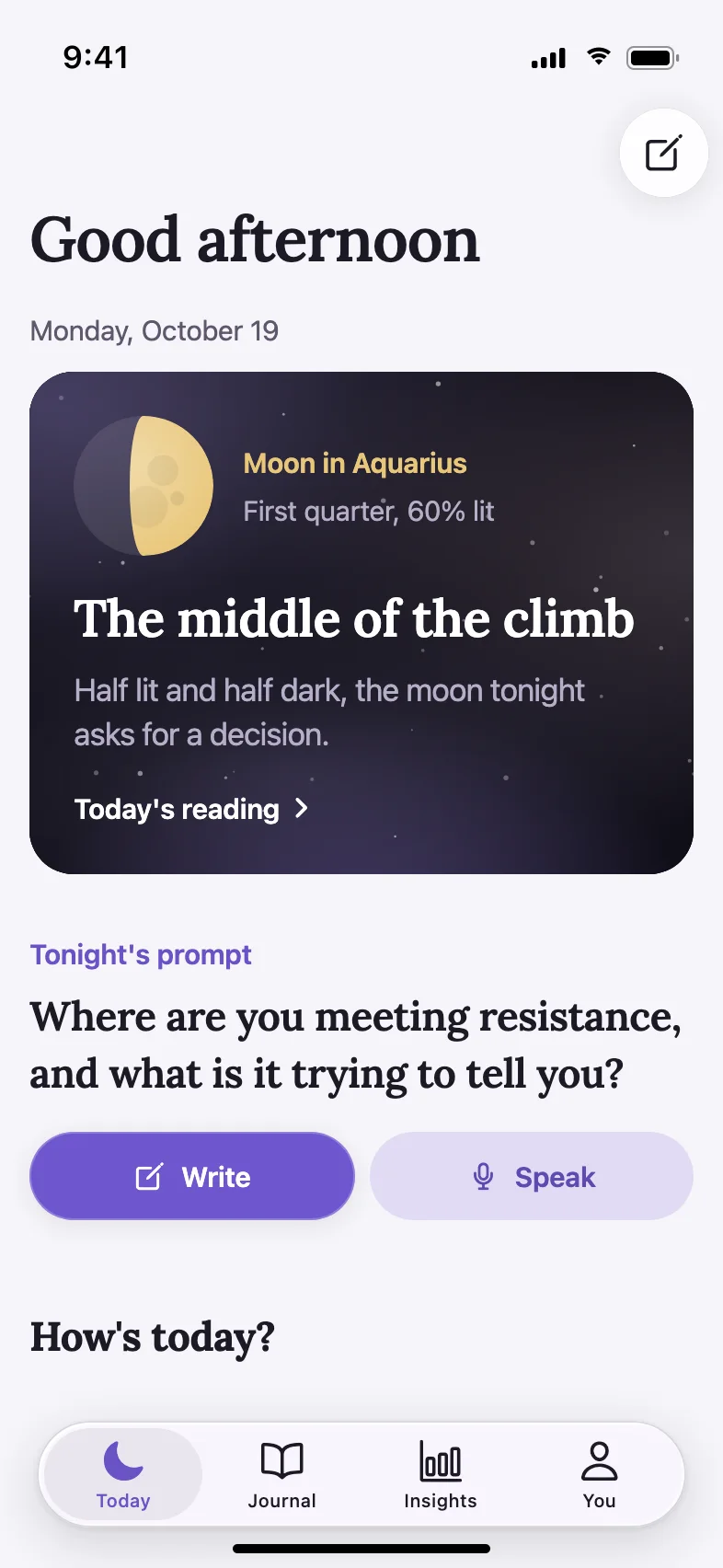 Moonday AI Journal & Daily Reading App — Tonight's sky, and a prompt for you