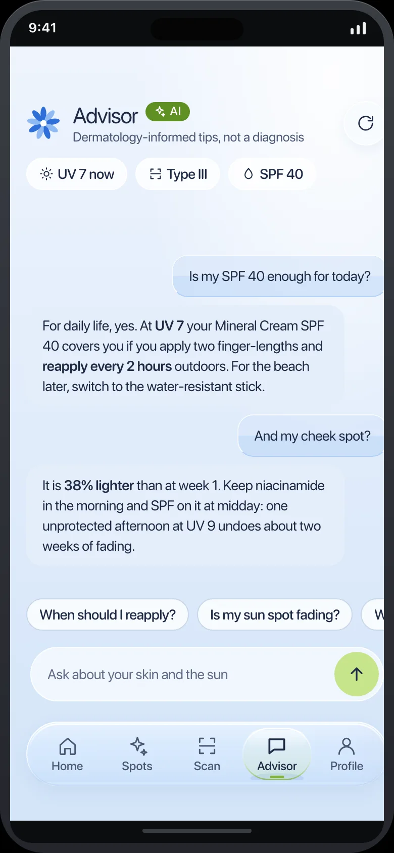 Shadelle (AI Melanin, UV & Sun Care Advisor) — Advisor