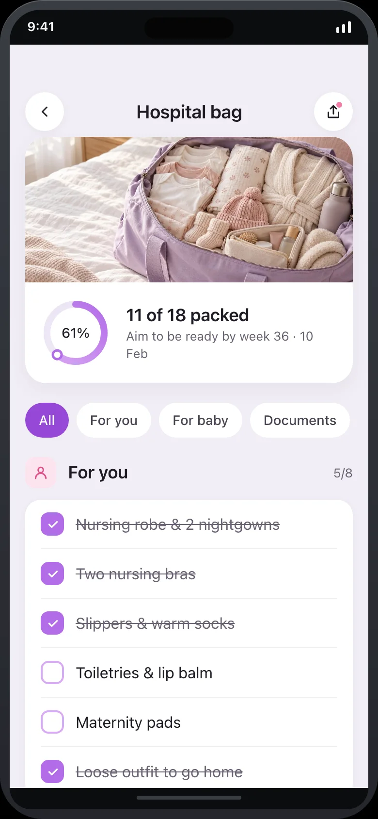 Lunelle (AI Maternal Nutrition & Prenatal Care Log) — Hospital Bag