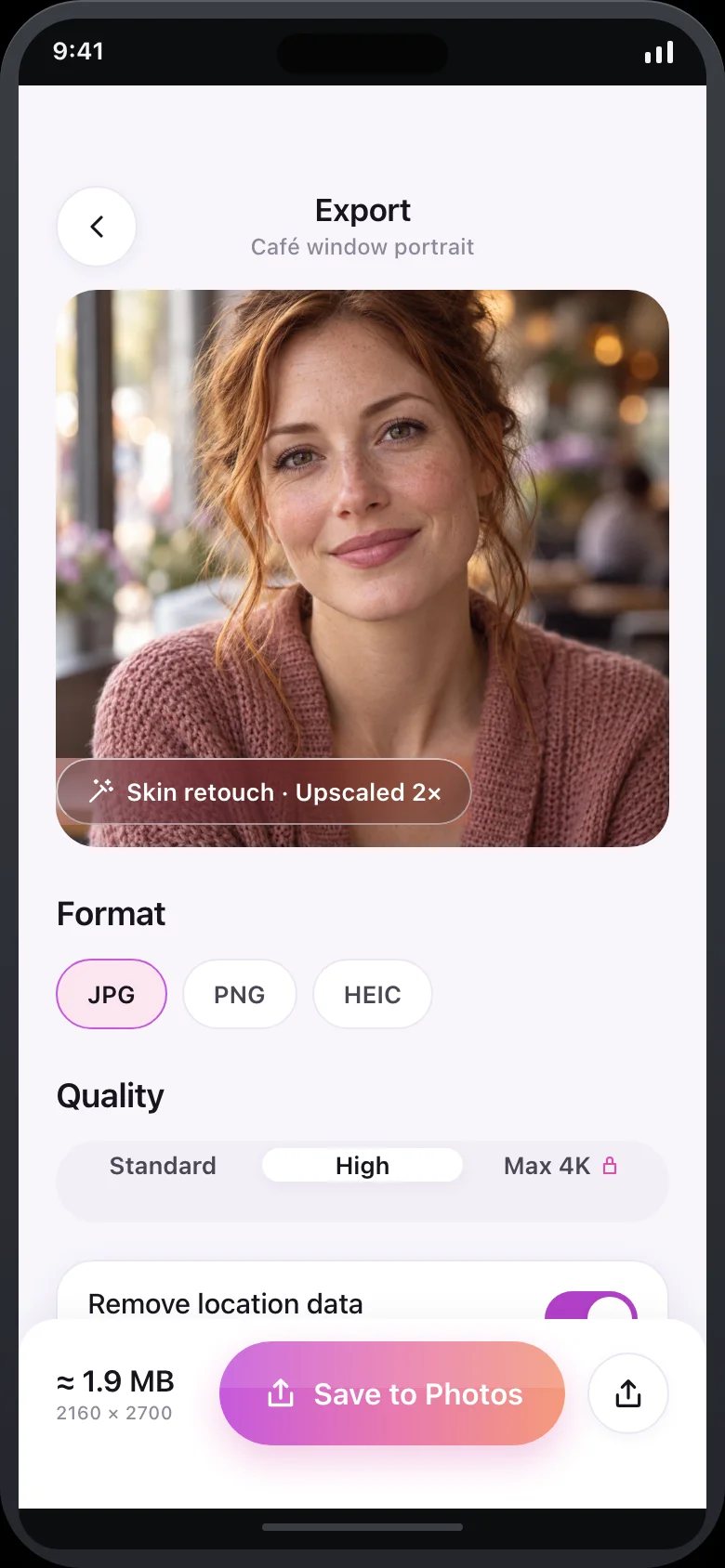 Lumetta (AI Photo Retouch) — Export