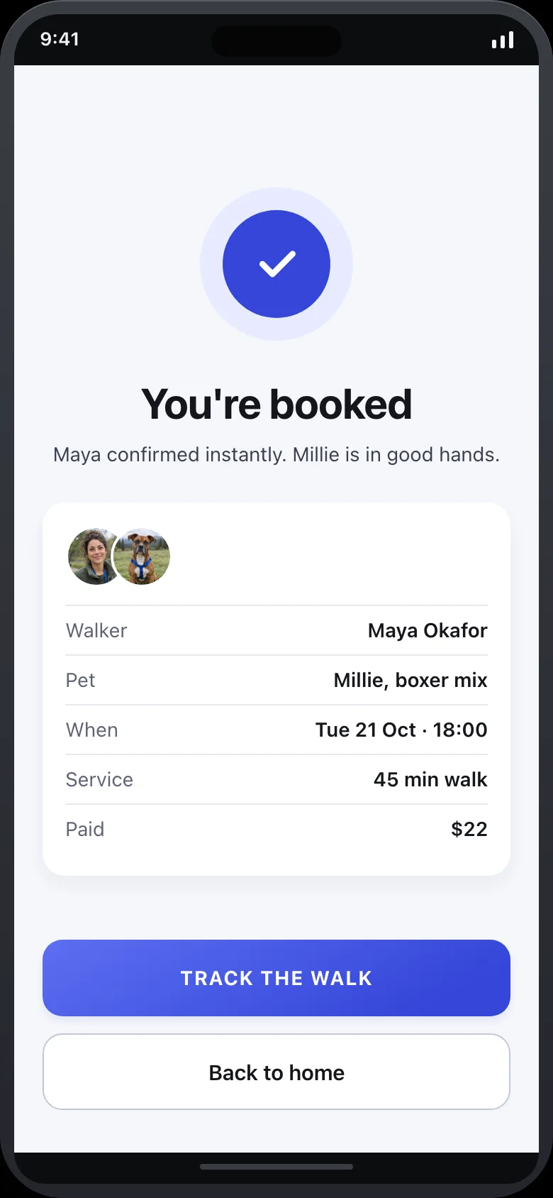 Tendro (AI Pet Sitter & Pet Cam) — Booking Confirmed