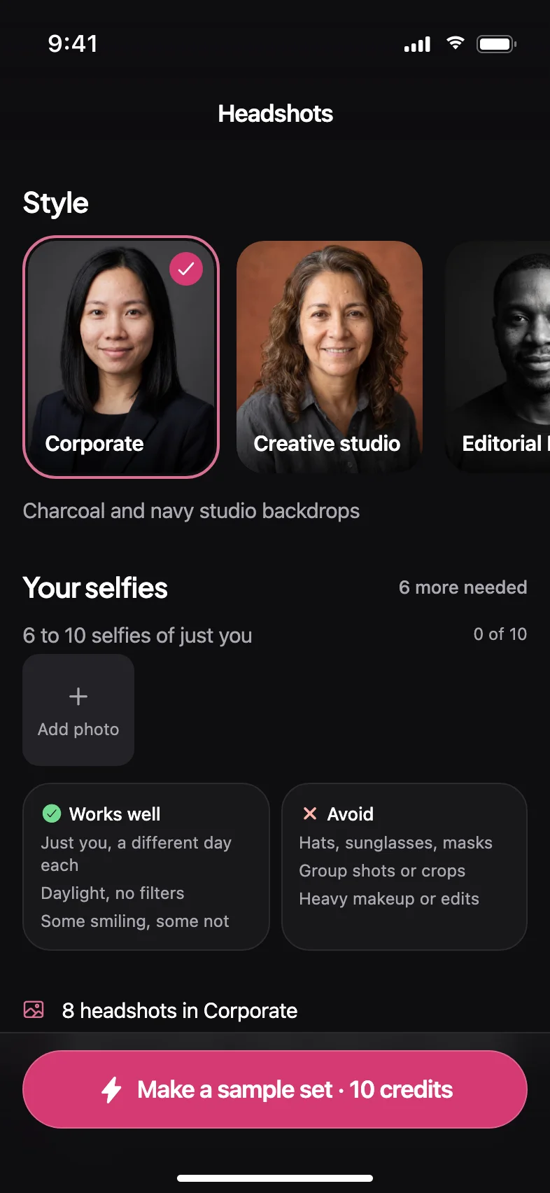 Glimmer AI Photo Effects and Portrait Studio App — Studio headshots from your selfies