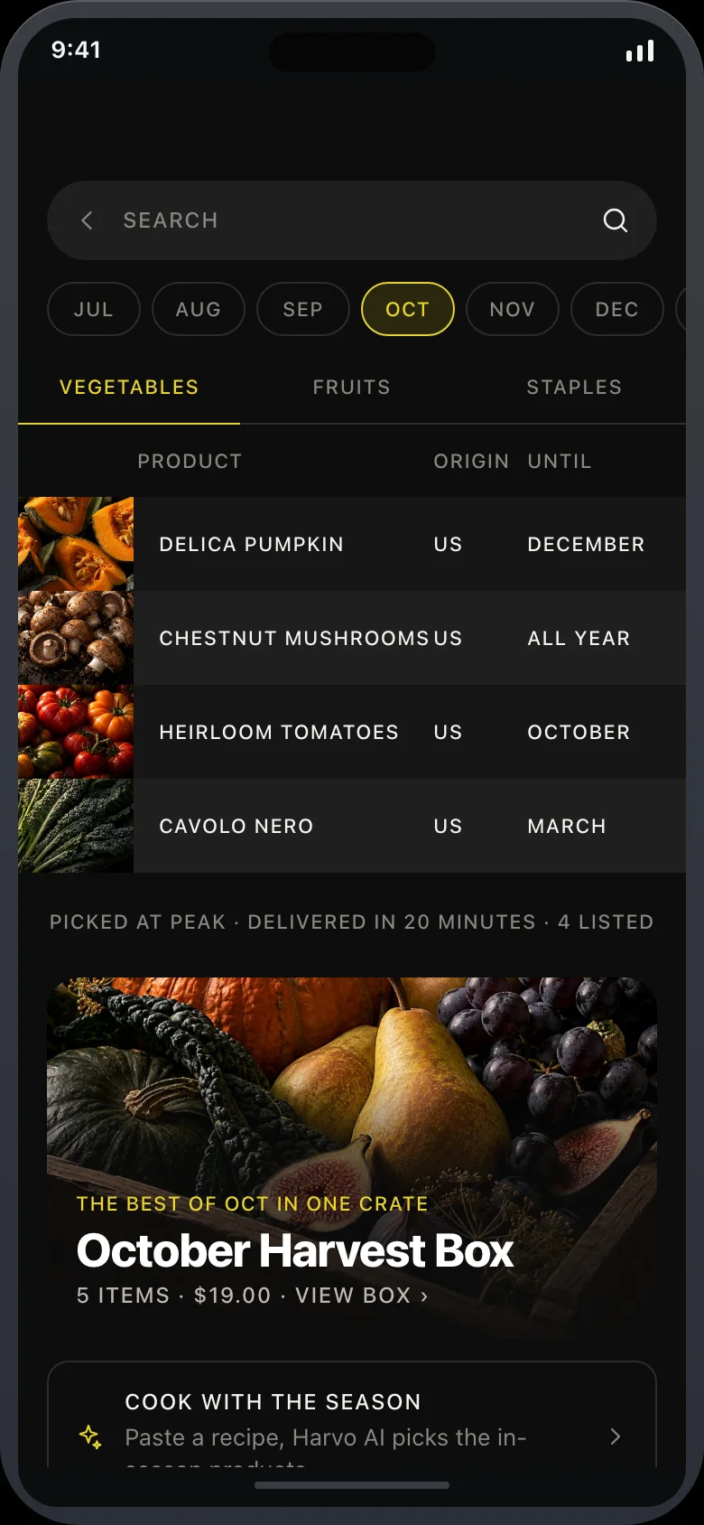 Harvo (AI Grocery Delivery & Recipe-to-Cart) — Seasonal