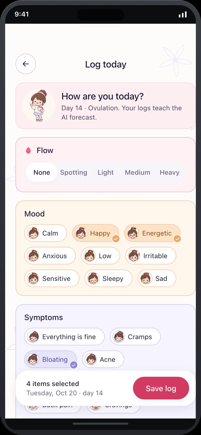 Petalune (AI Period, Ovulation & Cycle Tracker) — Log Symptoms
