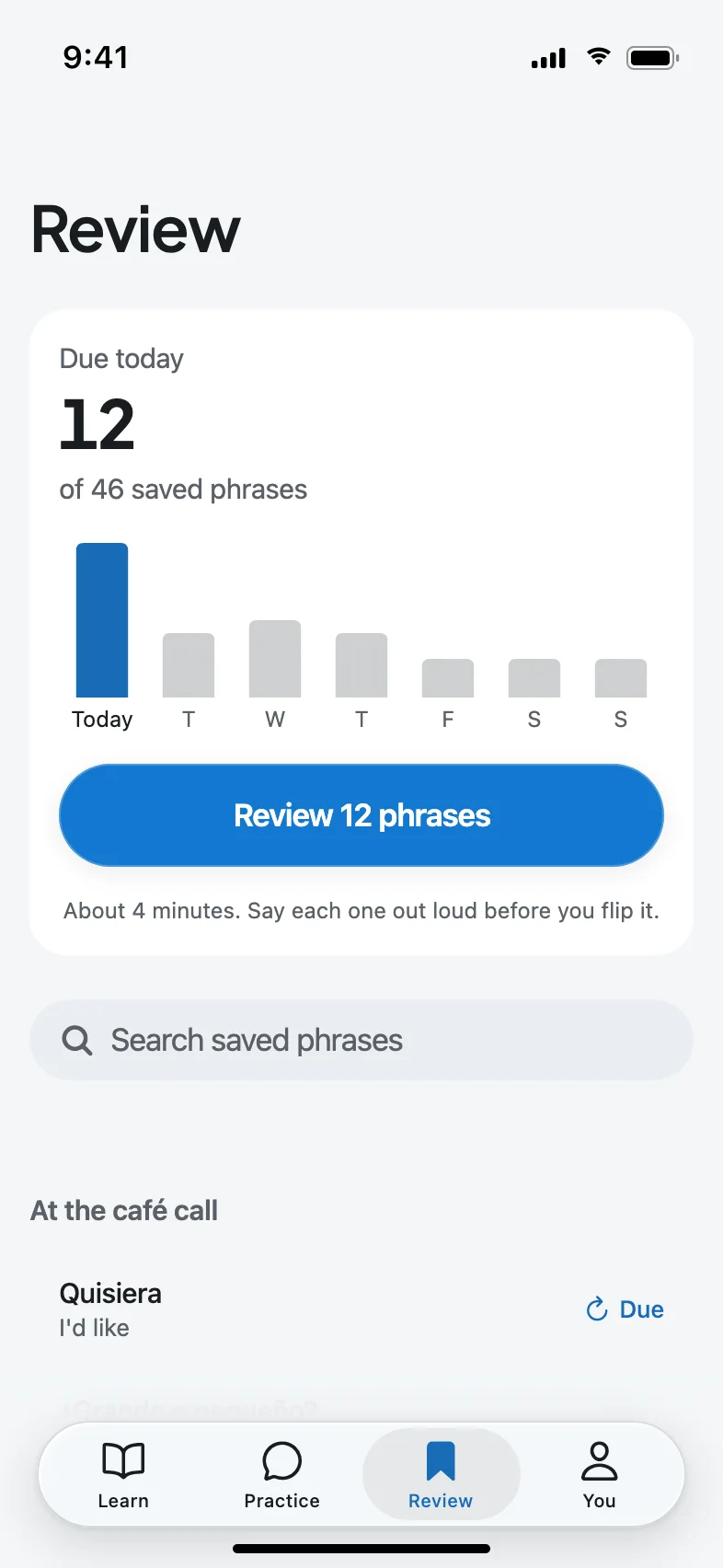 Parley AI Speaking Tutor App — Phrases return before you forget
