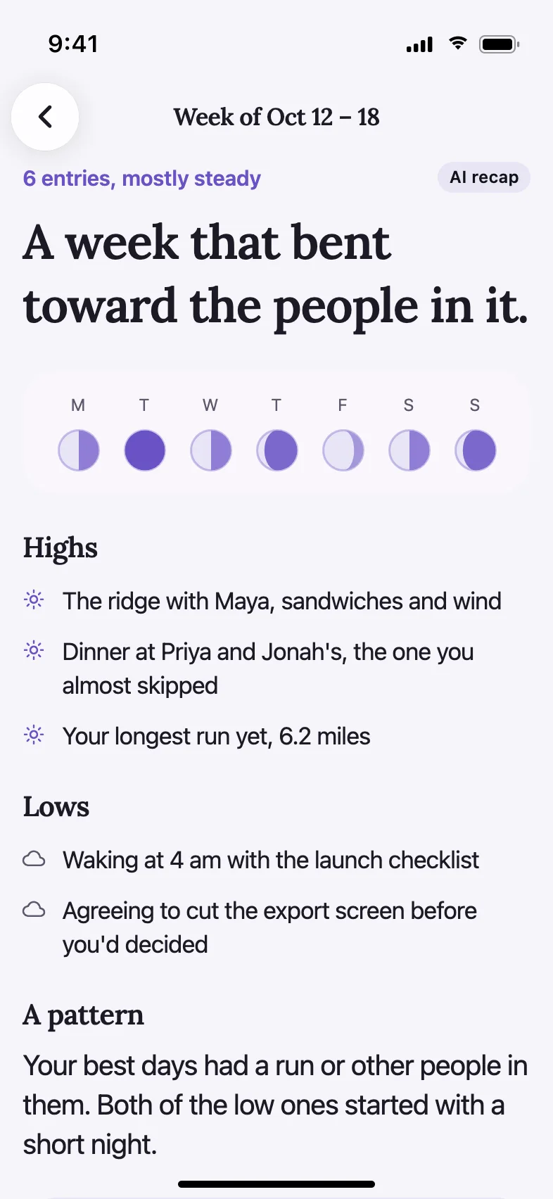 Moonday AI Journal & Daily Reading App — A weekly recap of highs and lows