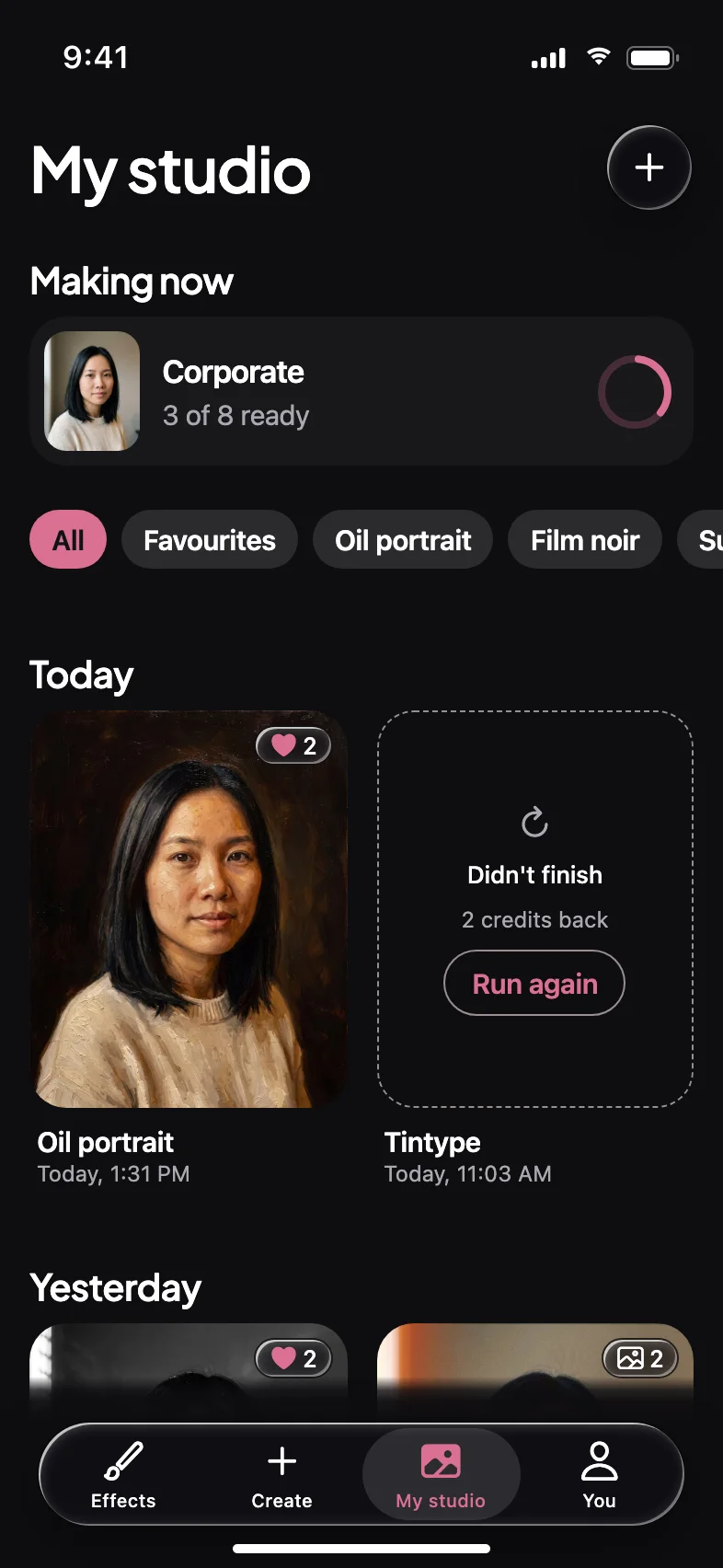 Glimmer AI Photo Effects and Portrait Studio App — Every set kept in My studio