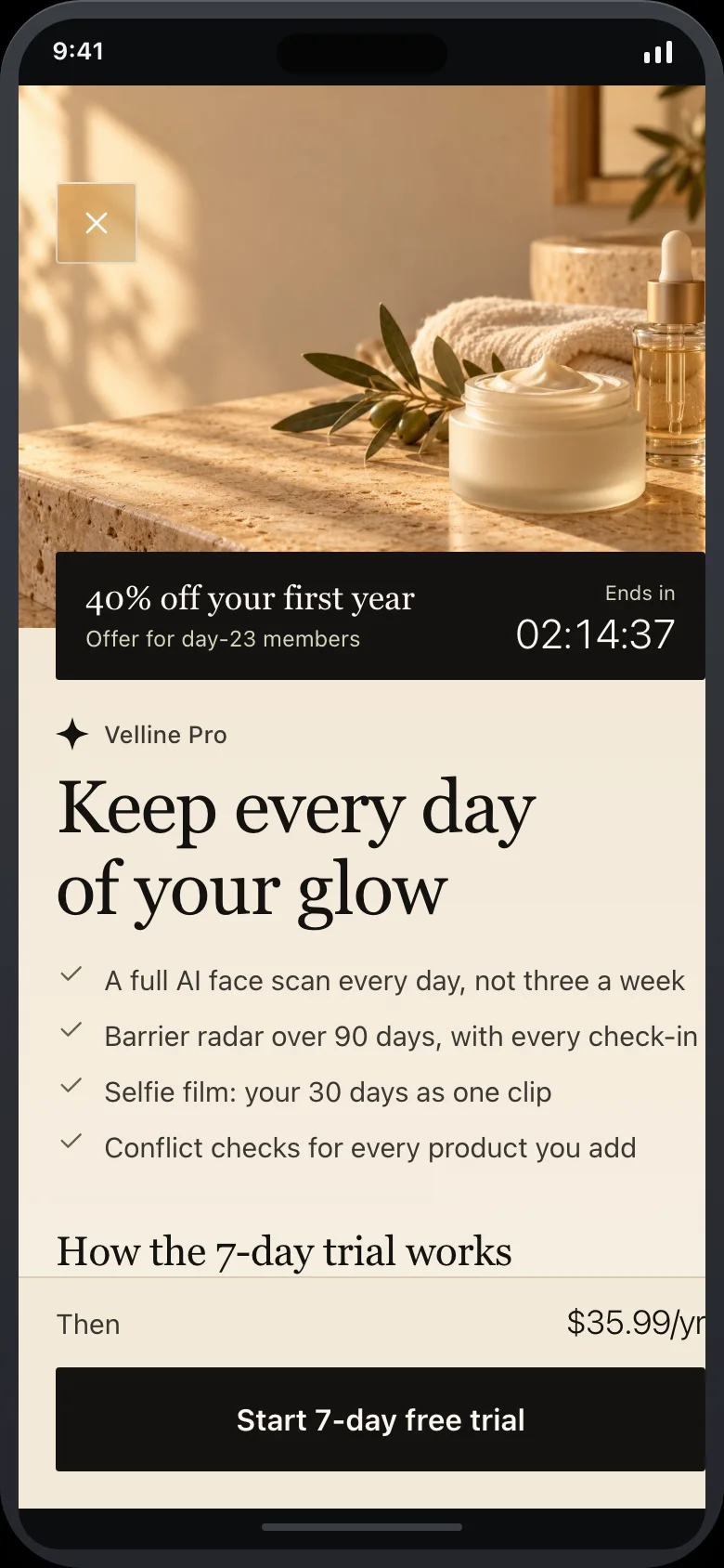 Velline (AI Skin Glow & Anti-Aging Tracker) — Paywall