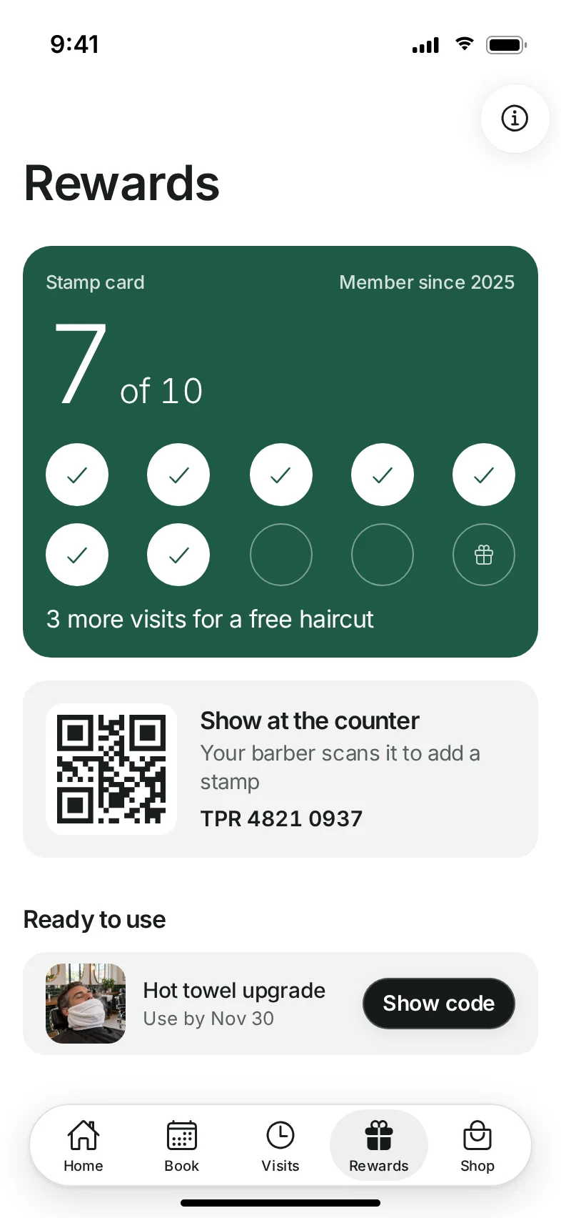 Taper Barbershop Booking App — Ten stamps earn a free haircut