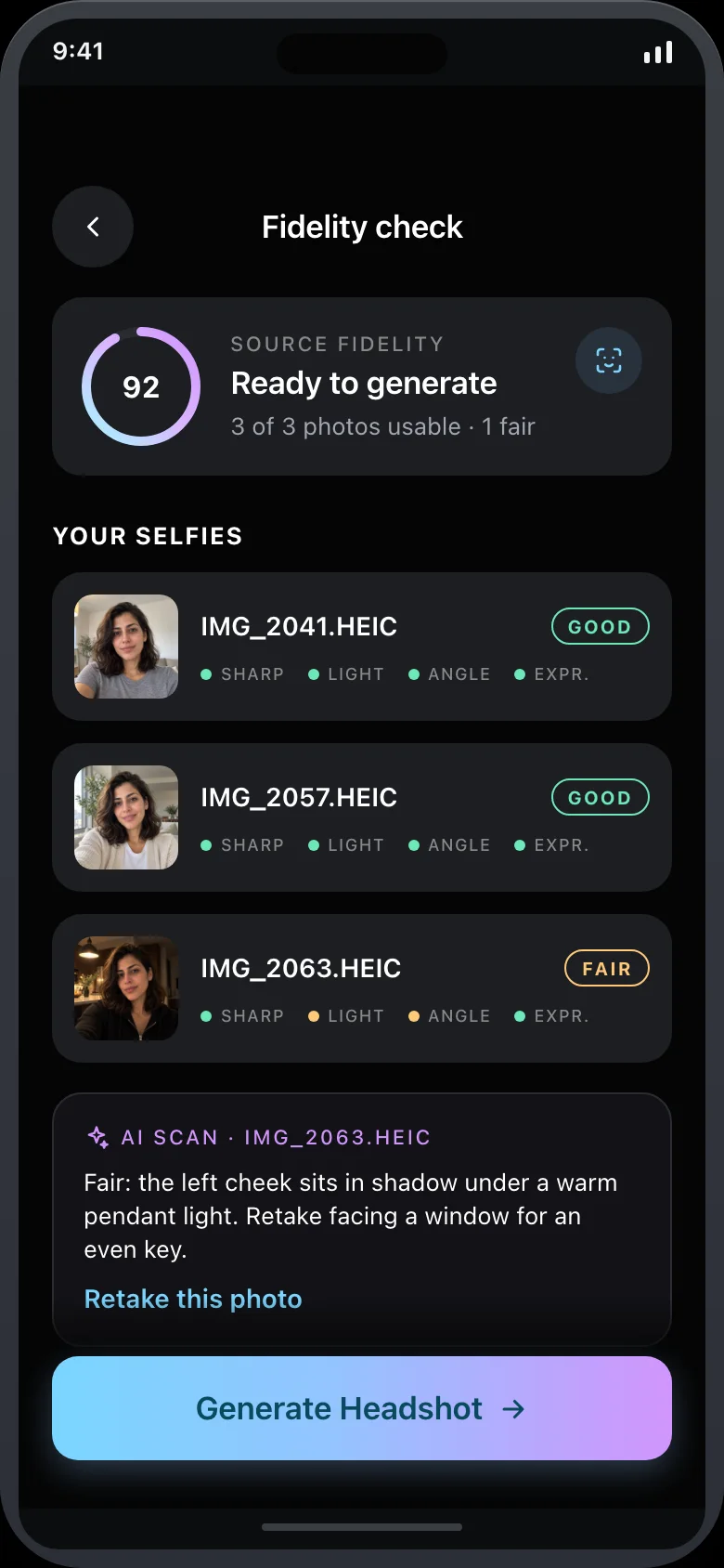 Sittera (AI Headshot Studio) — Fidelity Check
