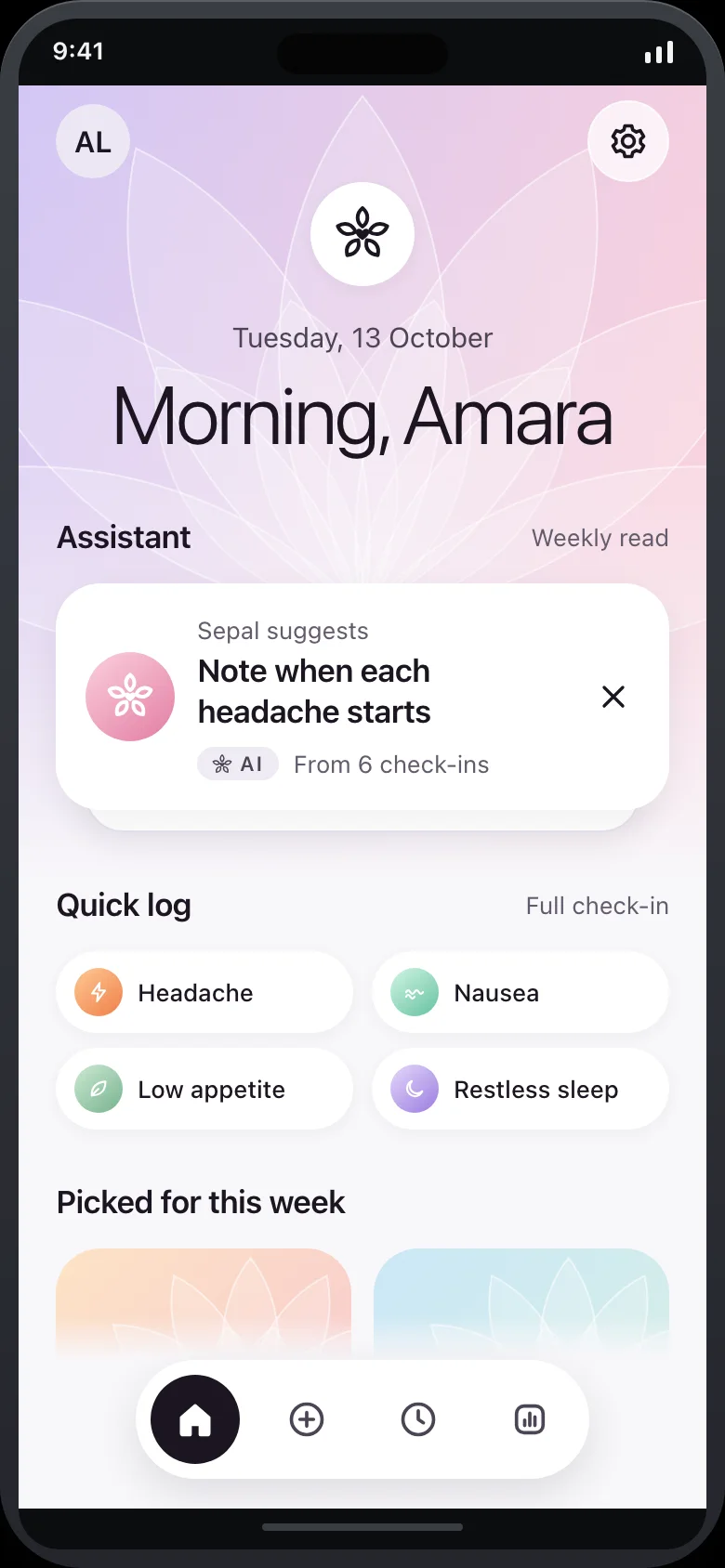 Sepal (Symptom Check-in & Weekly Read) — Home