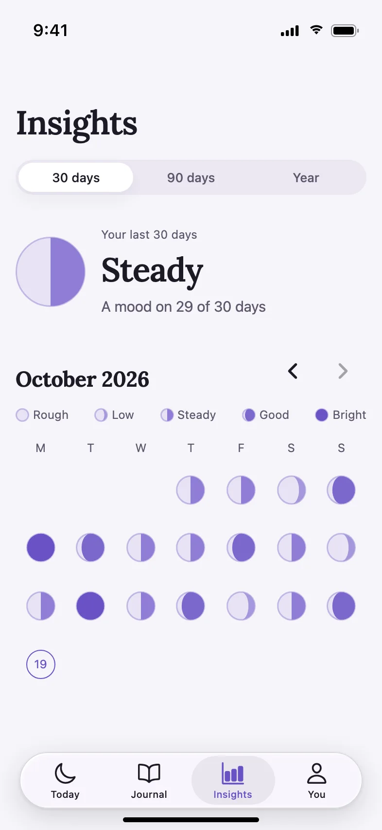 Moonday AI Journal & Daily Reading App — Your moods as a calendar of moons