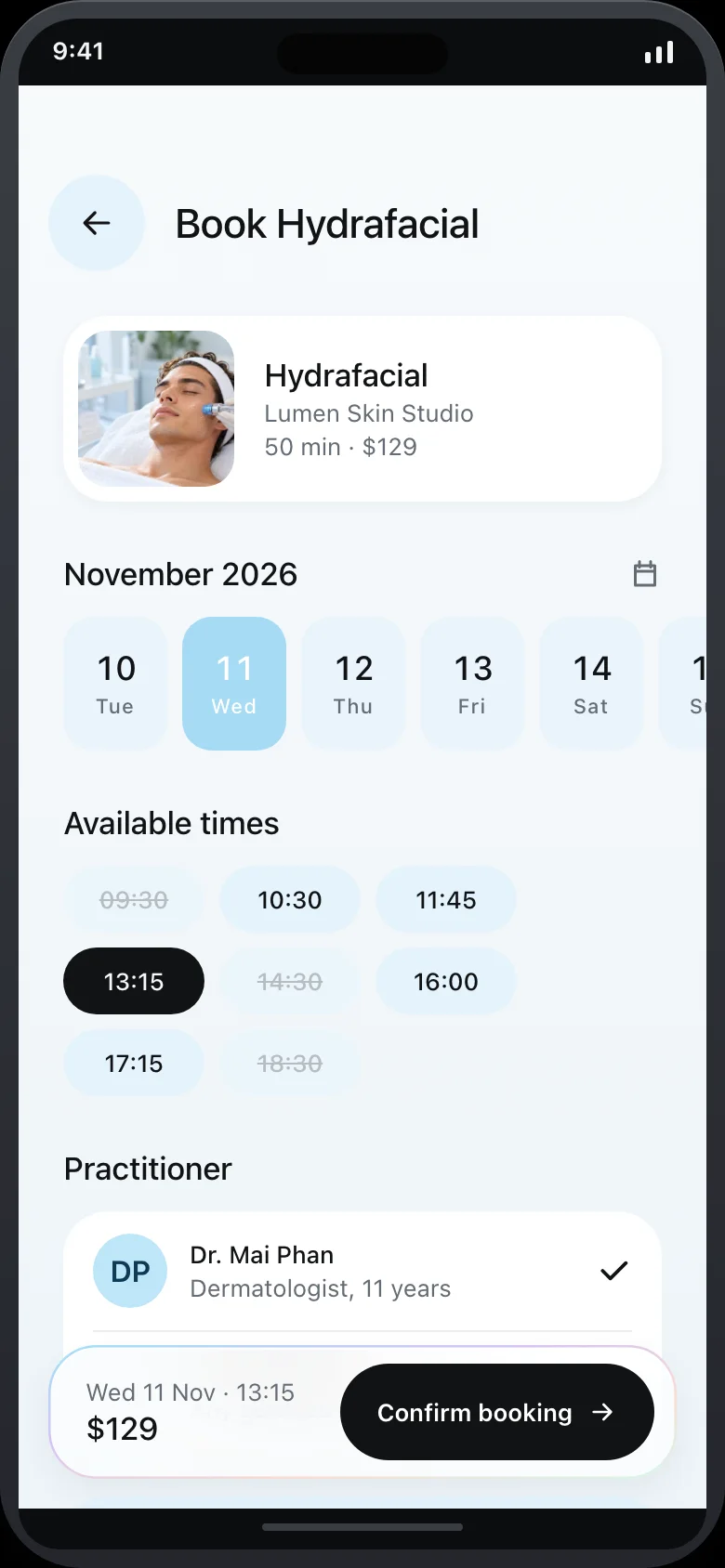 Soriel (AI Skin Diagnostic & MedSpa Booking) — Booking