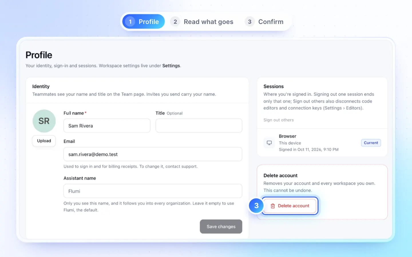 Profile with the Delete account card, then the confirmation listing the workspaces that go with the account, the password field and Delete account