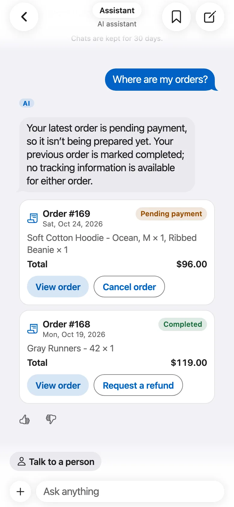 FluxNative Commerce — Orders, cancel, refunds