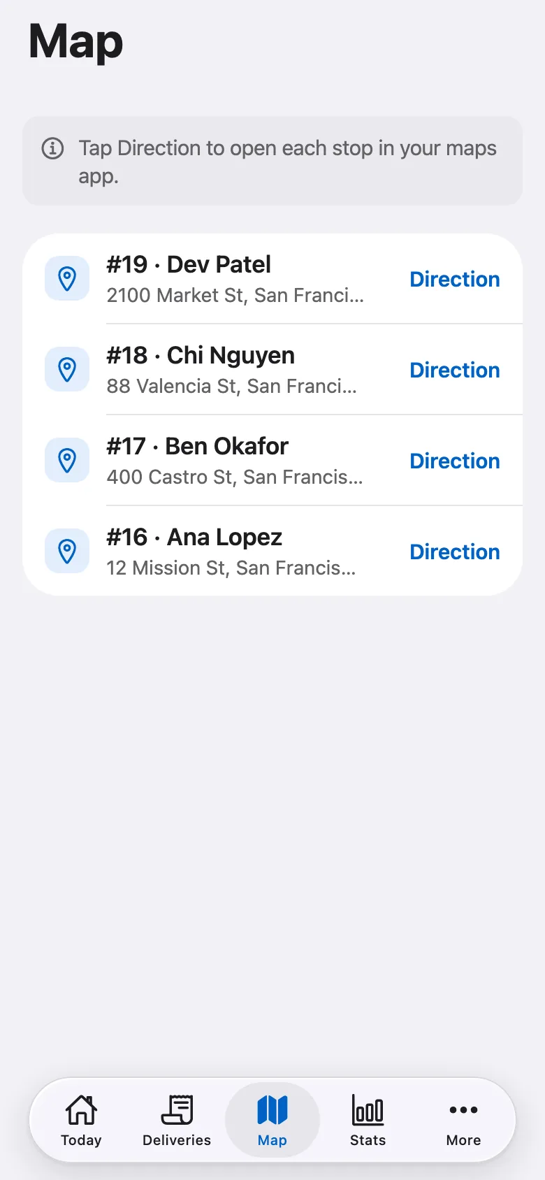 FluxNative Commerce — The day's stops, with directions