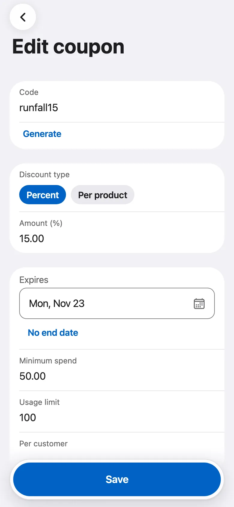 FluxNative Commerce — A coupon: amount, end date, limits