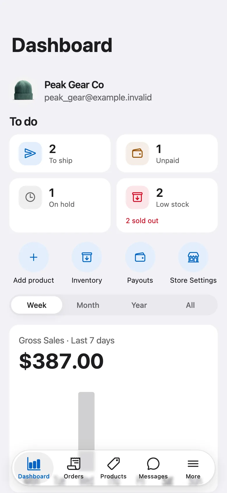 FluxNative Commerce — Dashboard with today's to-do