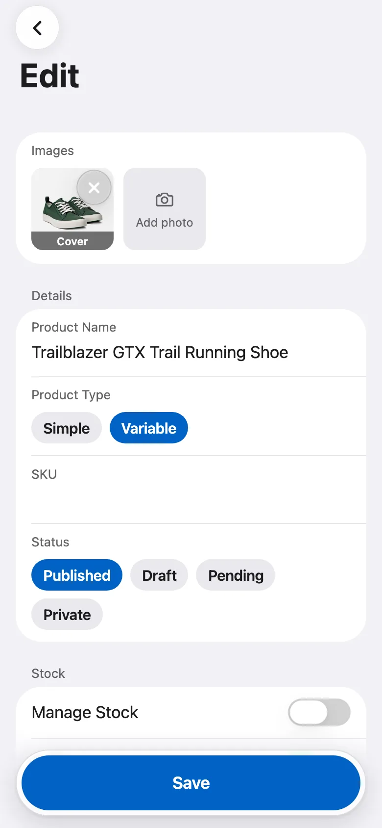 FluxNative Commerce — Add or edit a product