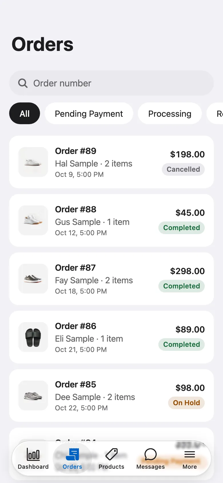 FluxNative Commerce — Orders by status