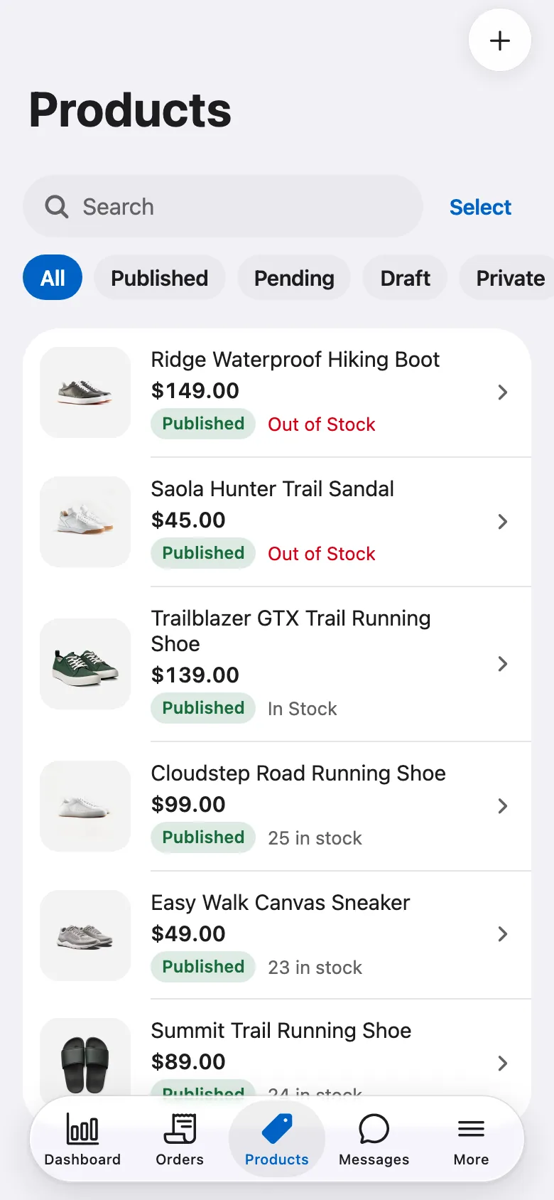 FluxNative Commerce — Products and stock