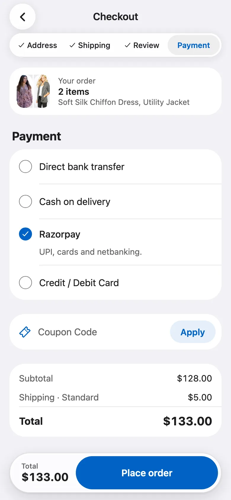 FluxNative Commerce — Checkout: pick how to pay